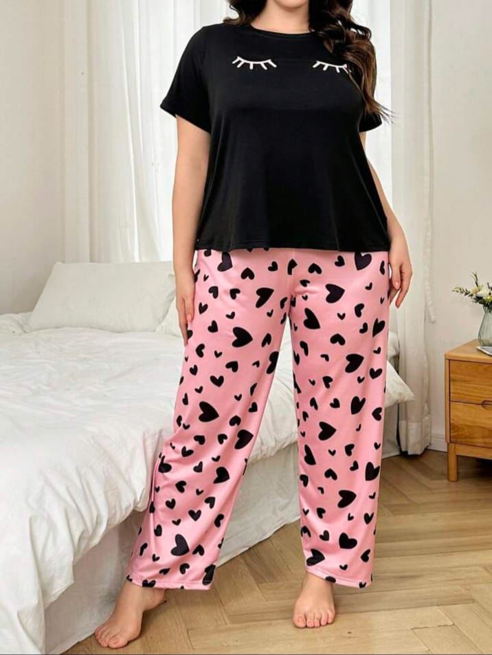 Black Sleepy Eyes Printed T.shirt with Hearts printed trouser Dream Wear Sleep Suit (OM-126)