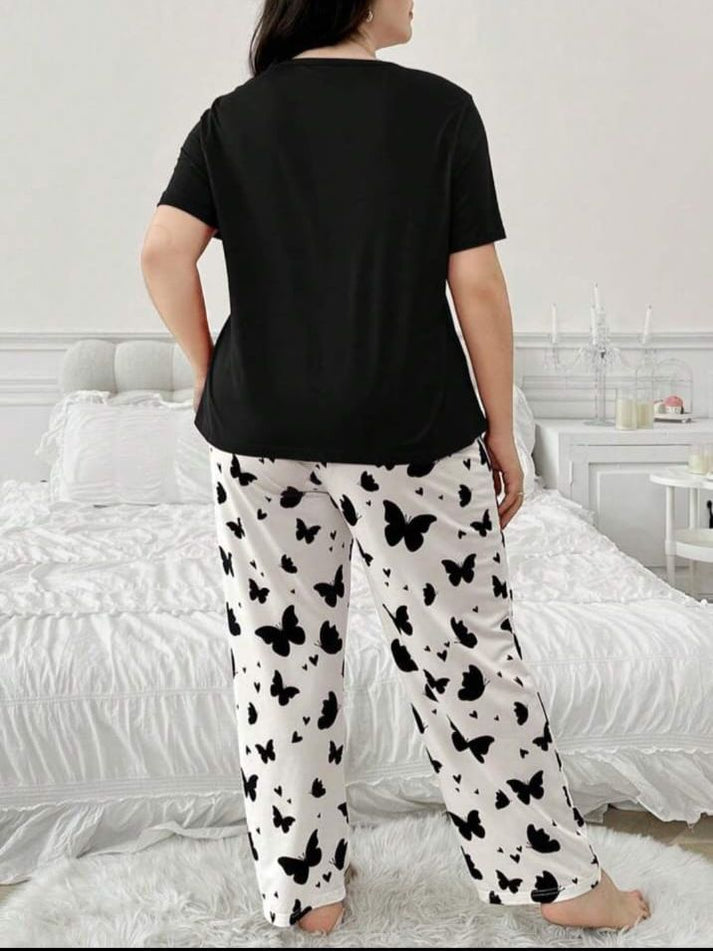 Black Butterfly Printed Half Sleeves Tshirt with Butterfly Trouser Dream Wear Sleep Suit (OM-121)