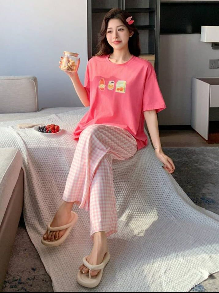 Pink Juices Printed Tshirt with Check Printed Trouser Dream Wear Sleep Suit (OM-124)