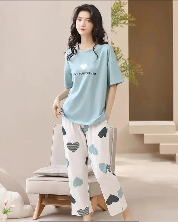 Sky blue Love you forever hearts Print Half Sleeves The Ultimate Dream Wear Sleep Suit (OM-134)