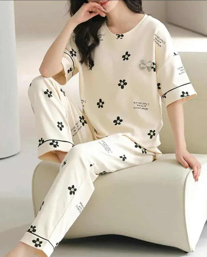 Off white Black all over flowers Print Half Sleeves The Ultimate Dream Wear Sleep Suit (OM-130)