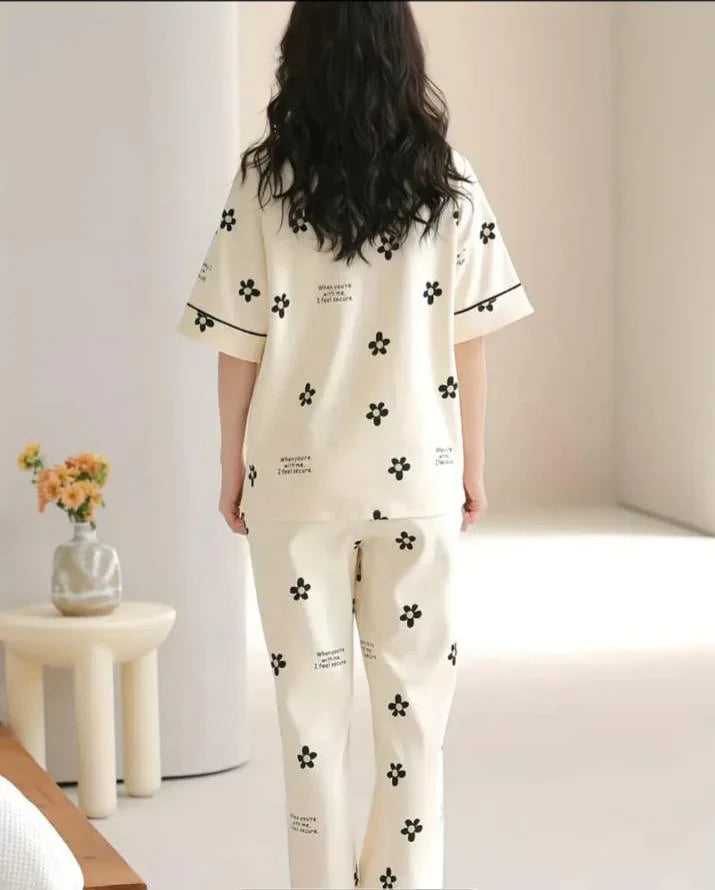 Off white Black all over flowers Print Half Sleeves The Ultimate Dream Wear Sleep Suit (OM-130)