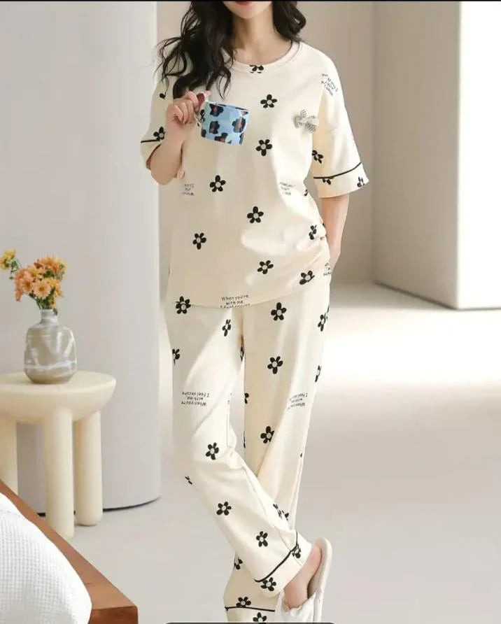 Off white Black all over flowers Print Half Sleeves The Ultimate Dream Wear Sleep Suit (OM-130)