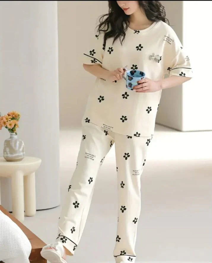 Off white Black all over flowers Print Half Sleeves The Ultimate Dream Wear Sleep Suit (OM-130)