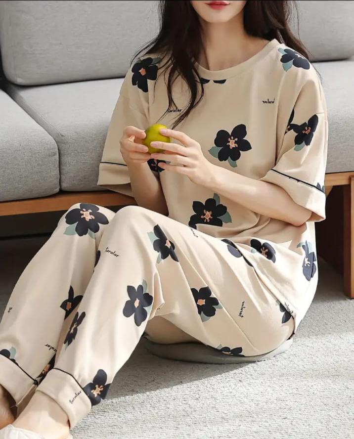 Brown Big Black All Over Flowers Print Half Sleeves