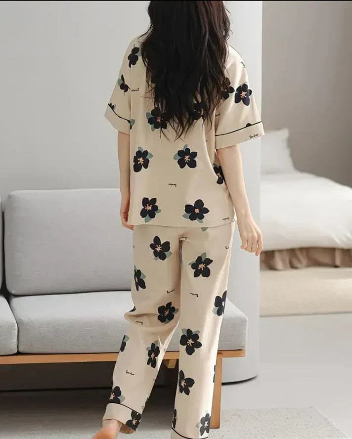 Brown Big Black All Over Flowers Print Half Sleeves