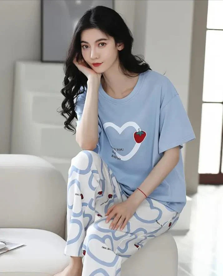 Sky blue Strawberry heart Print Half Sleeves The Ultimate Dream Wear Sleep Suit (OM-135)