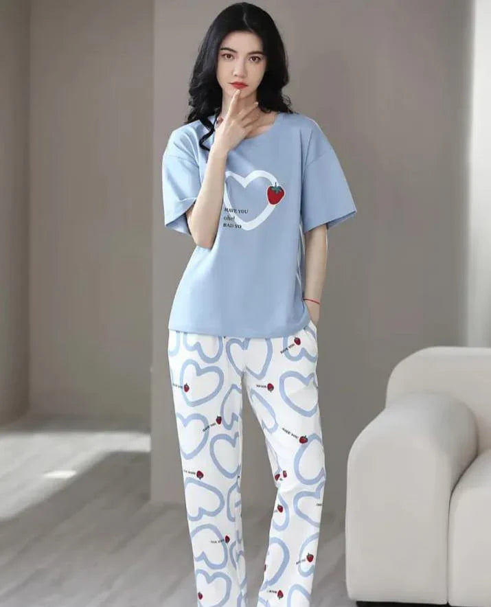 Sky blue Strawberry heart Print Half Sleeves The Ultimate Dream Wear Sleep Suit (OM-135)