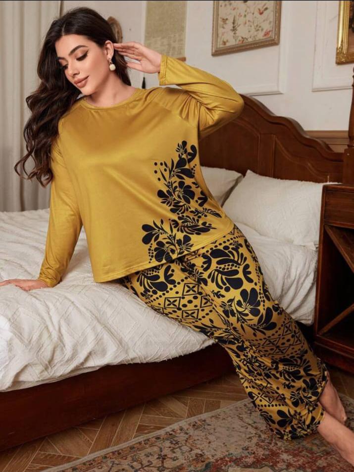 Yellow Floral Print Full Sleeves with floral Printed pajama The Ultimate Dream Wear Sleep Suit (OM-136)