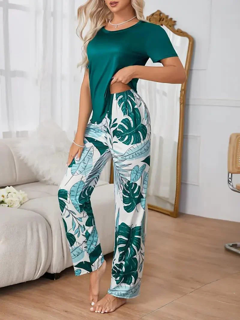 Green Plain Half Sleeves with Floral Printed Pajama The Ultimate Dream Wear Sleep Suit (OM-139)