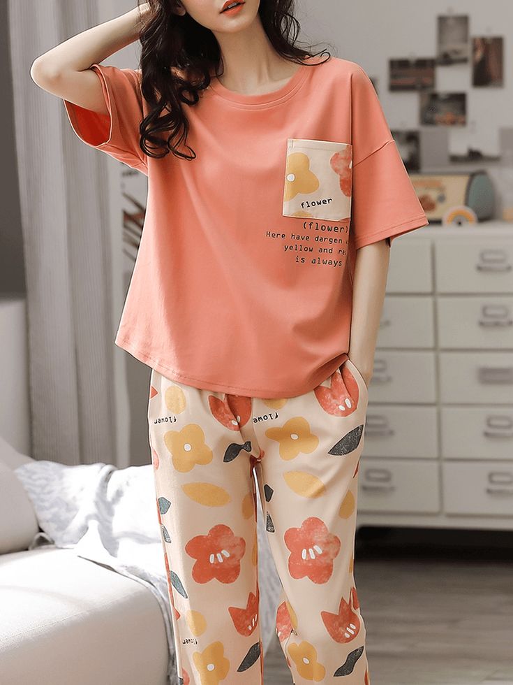 Peach Flower Pocket Printed Pajama The Ultimate Dream Wear Sleep Suit (OM-129)