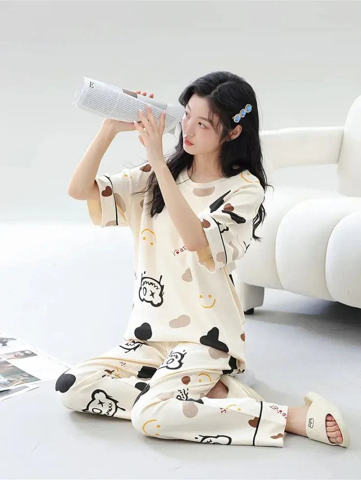 Off White Multi Monster  Bear Half Sleeves Printed Night Suit The Ultimate Dream Wear Sleep Suit (OM-142)