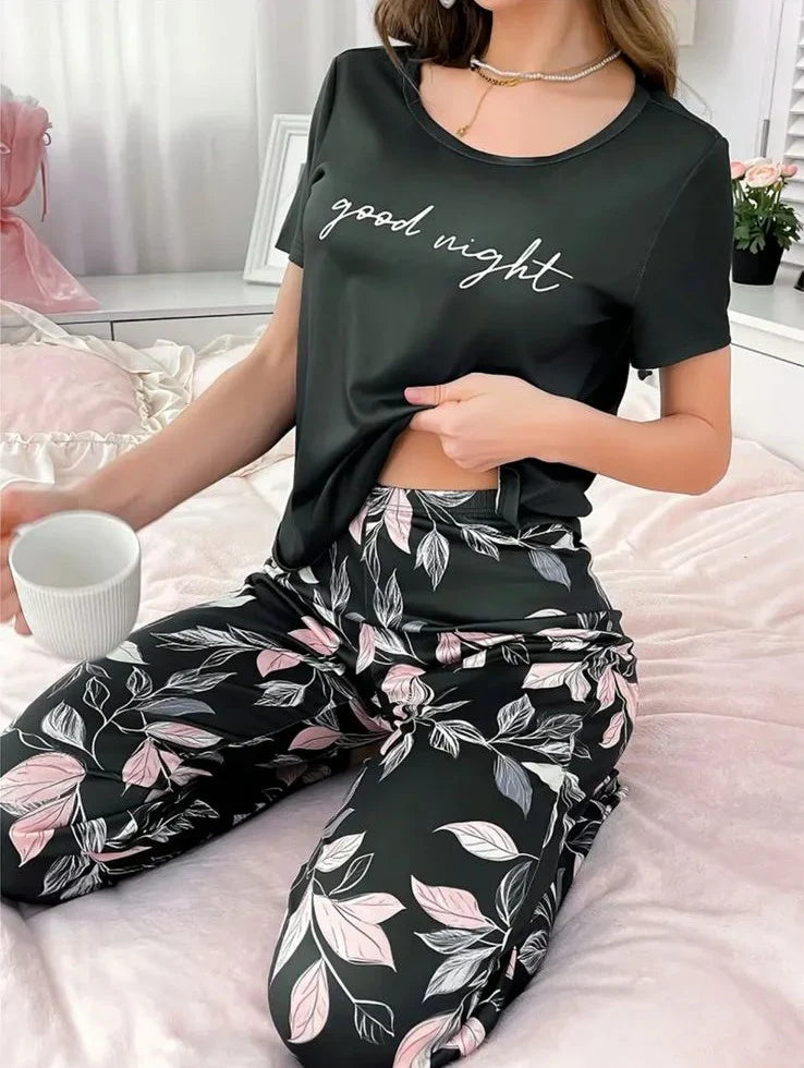 New Black Good Night With Flower Printed Trouser Half Sleeves The Ultimate Dream Wear Sleep Suit (OM-141)