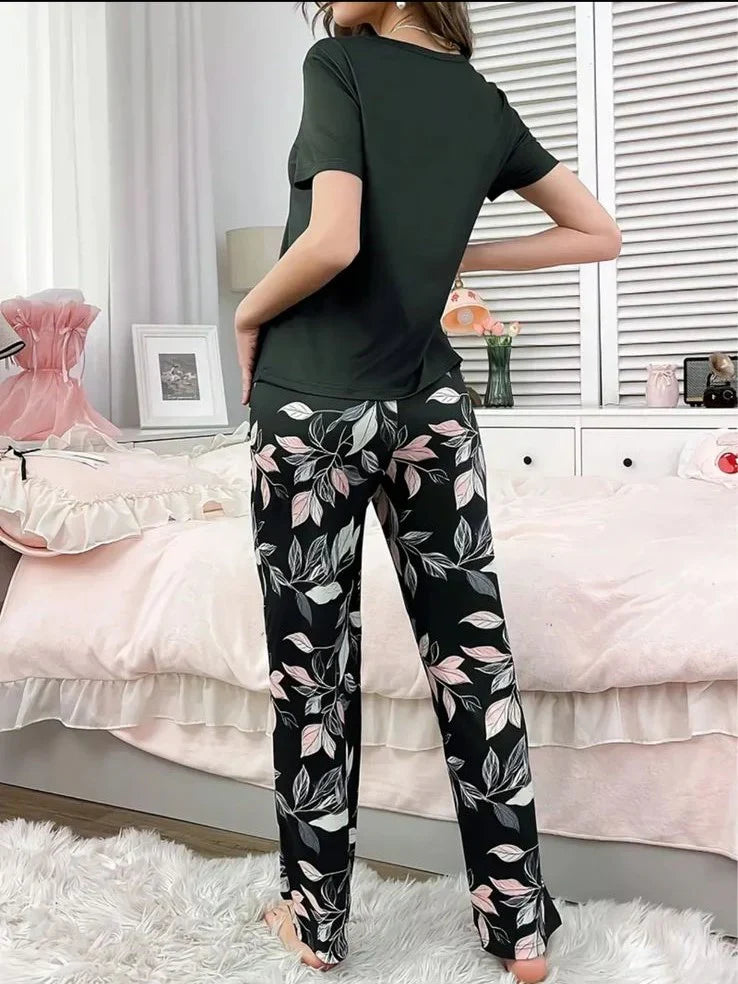 New Black Good Night With Flower Printed Trouser Half Sleeves The Ultimate Dream Wear Sleep Suit (OM-141)