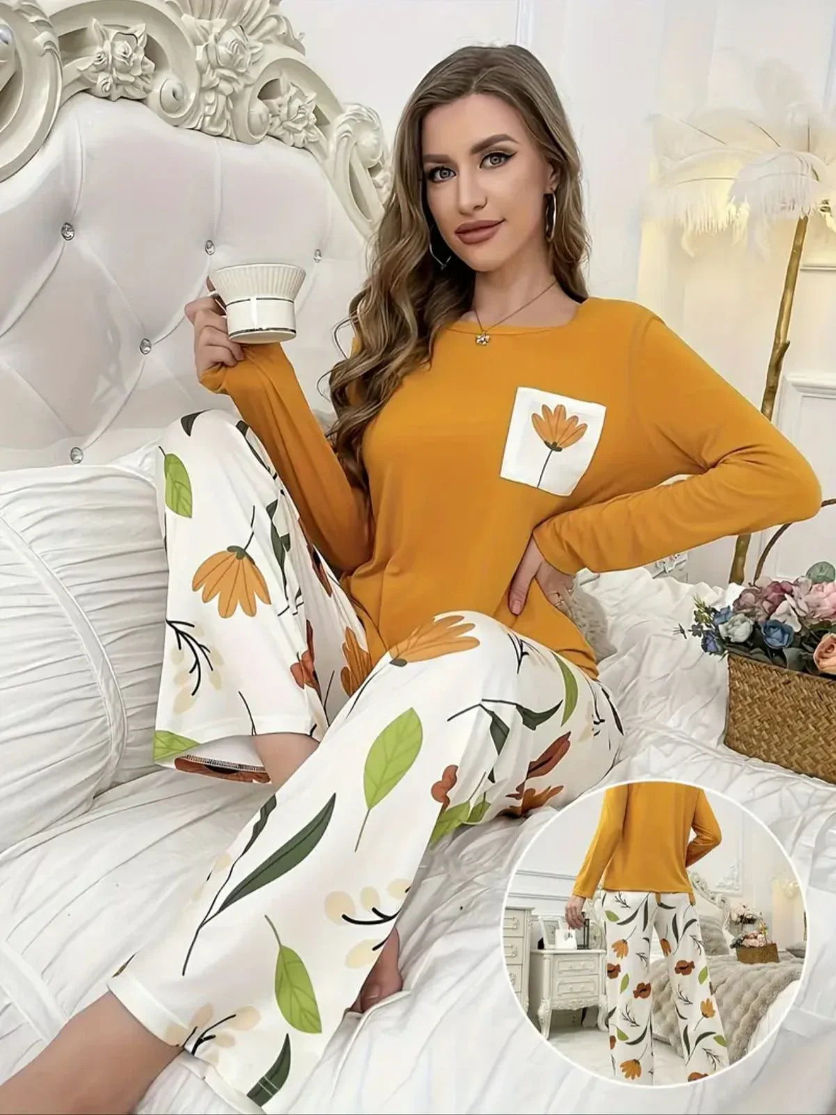 Mustard Pocket Flower Full Sleeves with Flower Printed Trouser The Ultimate Dream Wear Sleep Suit (OM-144)