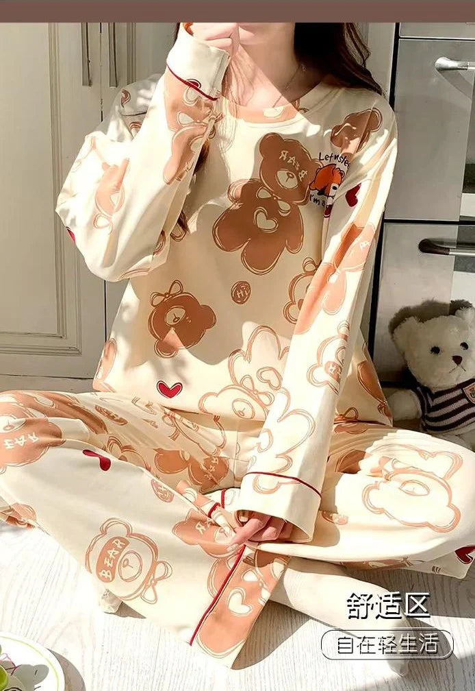 Cream Bears Let Me Sleep Full Sleeves Printed Night Suit The Ultimate Dream Wear Sleep Suit (OM-143)