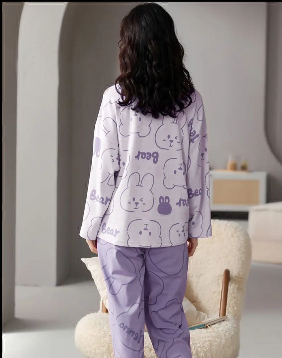 White Bear with Lilac Printed Pj The Ultimate Dream Wear Sleep Suit (OM-152)