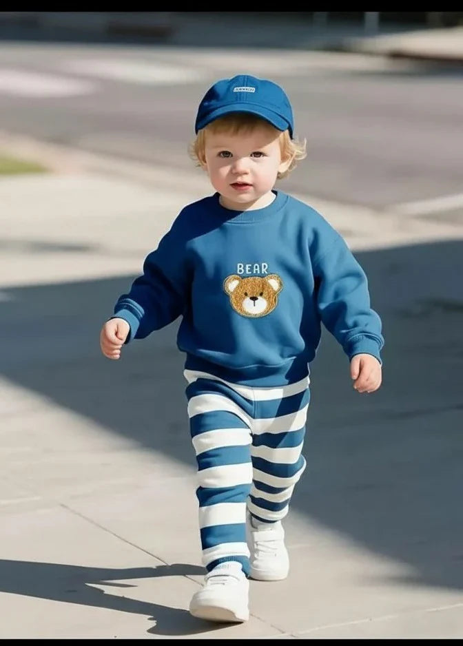 Blue Bear with stripes pajama Winter Kids Tracksuit (OM-635)