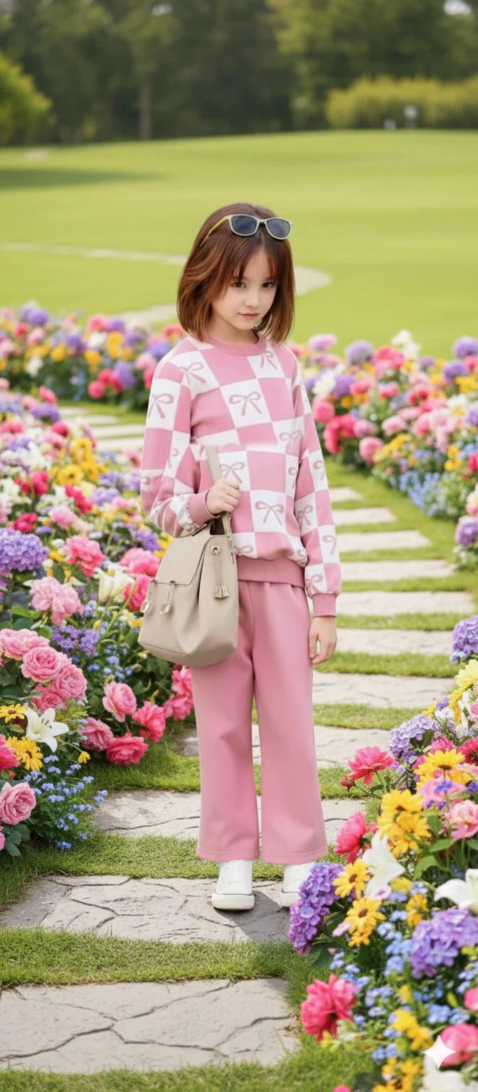 Pink Checkered Bow with Pink pajama Kids track suit Little Trendsetter Stylish Winter Girls Tracksuit (OM-632)