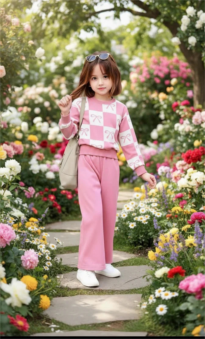 Pink Checkered Bow with Pink pajama Kids track suit Little Trendsetter Stylish Winter Girls Tracksuit (OM-632)