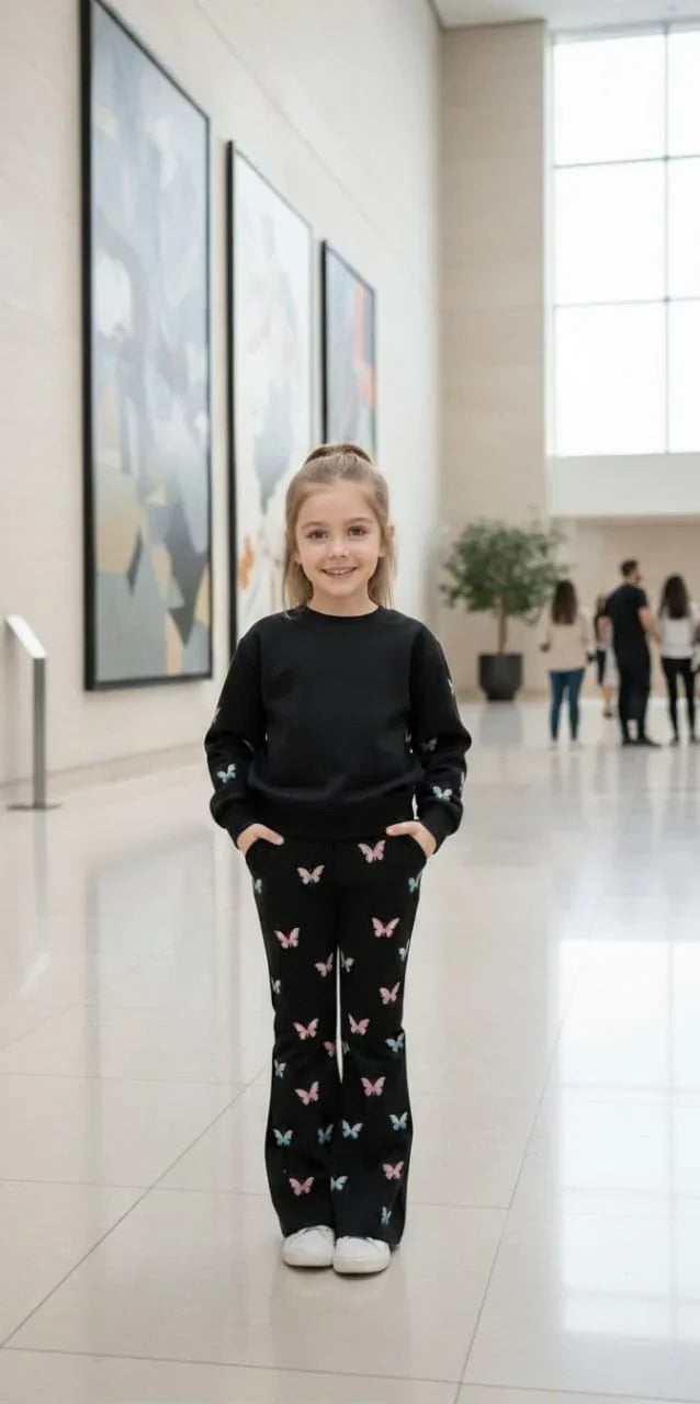 Black All Over Butterfly with Butterfly Printed pajama Little Trendsetter Stylish Winter Girls Tracksuit (OM-633)