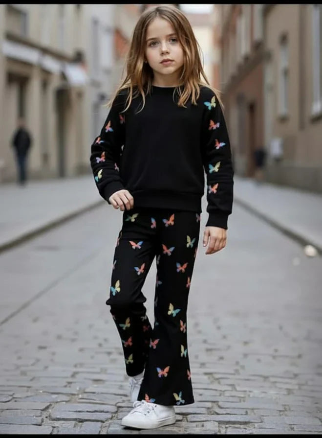 Black All Over Butterfly with Butterfly Printed pajama Little Trendsetter Stylish Winter Girls Tracksuit (OM-633)