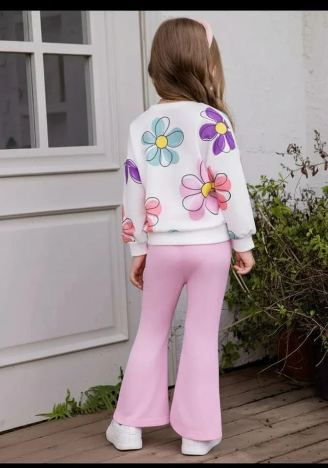 Off white Multi Big Flower Printed with Pink pajama Winter Girls Tracksuit (OM-634)