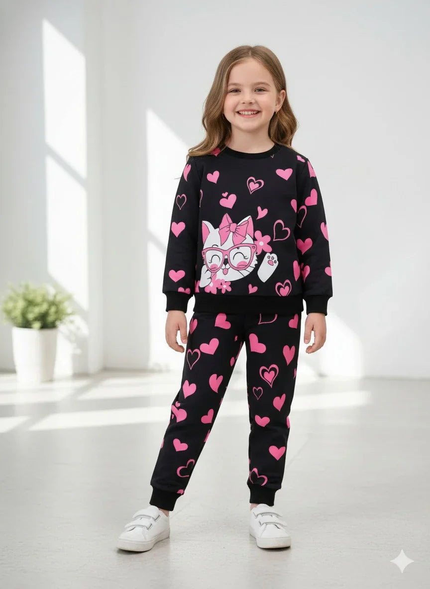 Black Kitty Fleece Girls Tracksuit Trendsetter Stylish Winter Tracksuit (OM-637)
