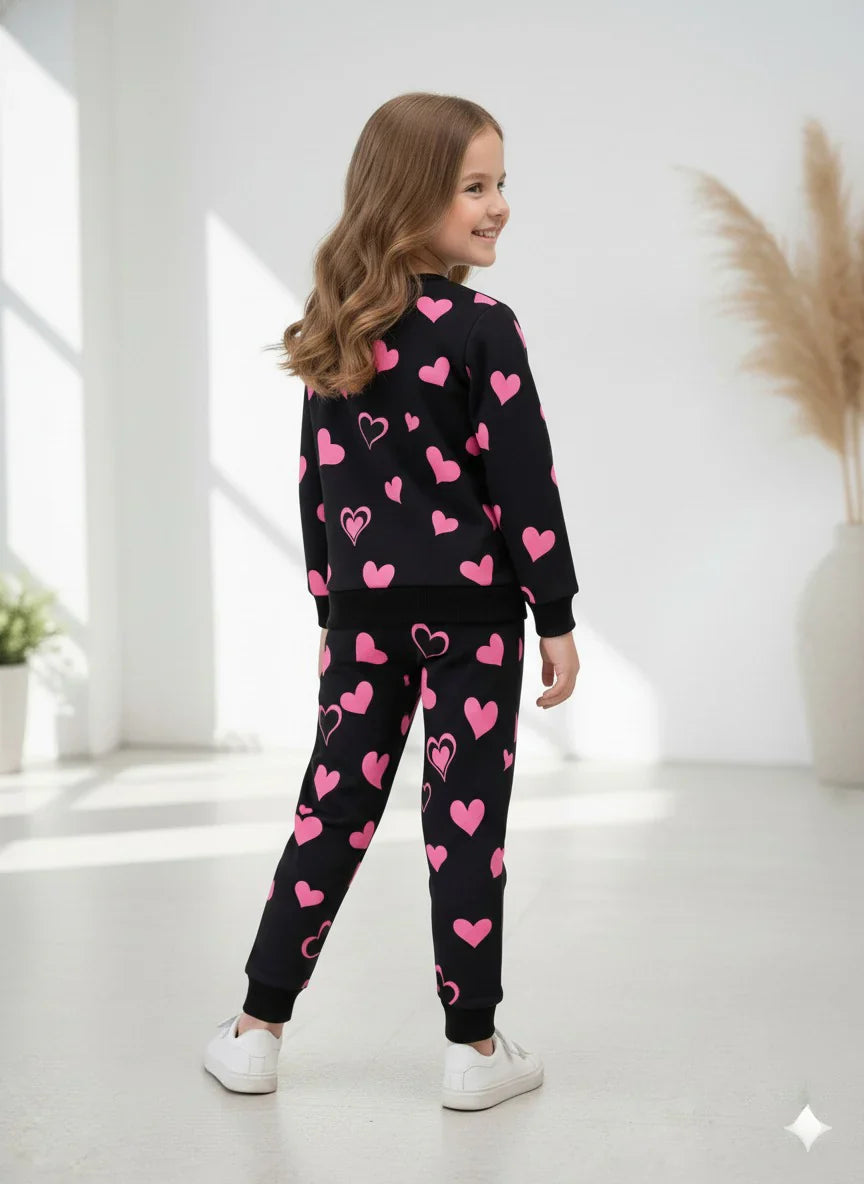 Black Kitty Fleece Girls Tracksuit Trendsetter Stylish Winter Tracksuit (OM-637)