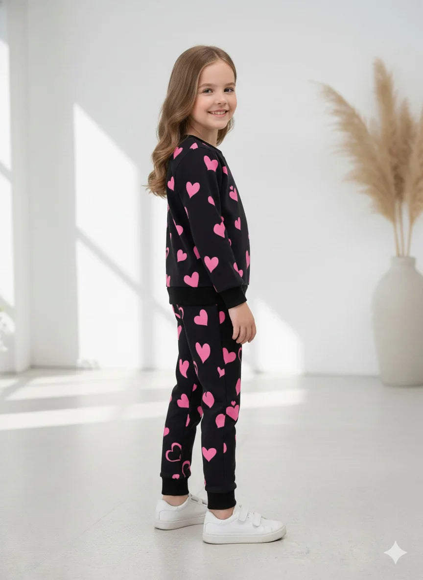 Black Kitty Fleece Girls Tracksuit Trendsetter Stylish Winter Tracksuit (OM-637)