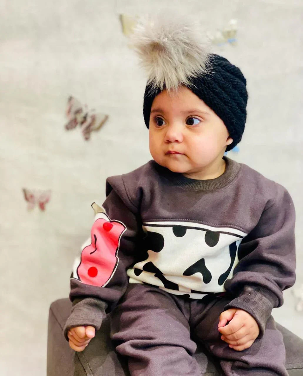 Grey Cow Winter Sweatshirt with Trouser Tracksuit For Kids (OM-650)