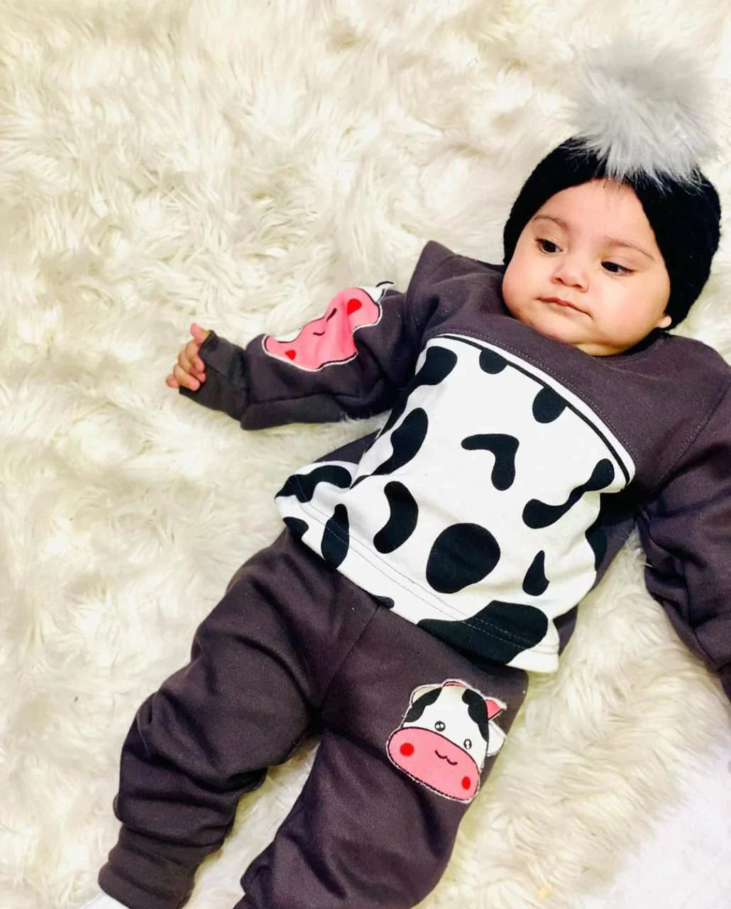 Grey Cow Winter Sweatshirt with Trouser Tracksuit For Kids (OM-650)