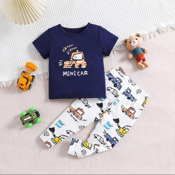 Navy Blue Mini Car with White Pajama Printed Kids Suit