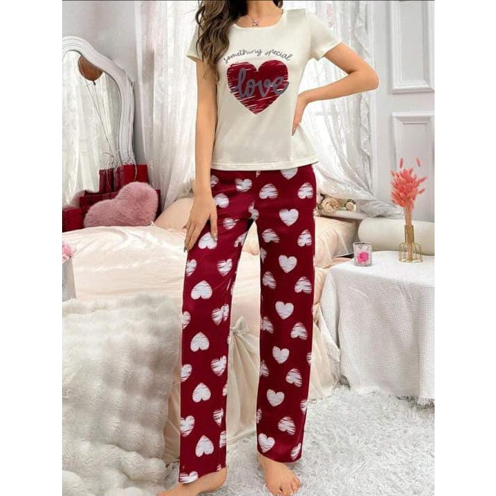OFF White Love Printed Half Sleeves with Maroon Trouser The Ultimate Dream Wear Sleep Suit