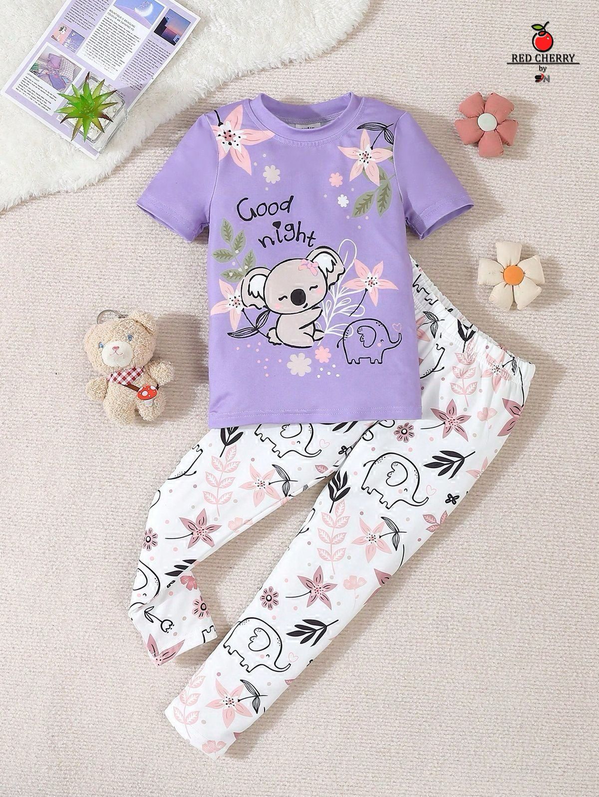 Lilac Good Night Floral Bear Printed Half Sleeves Tshirt with Floral Printed  Trouser The Ultimate Kids Sleep Suit (OM-378)