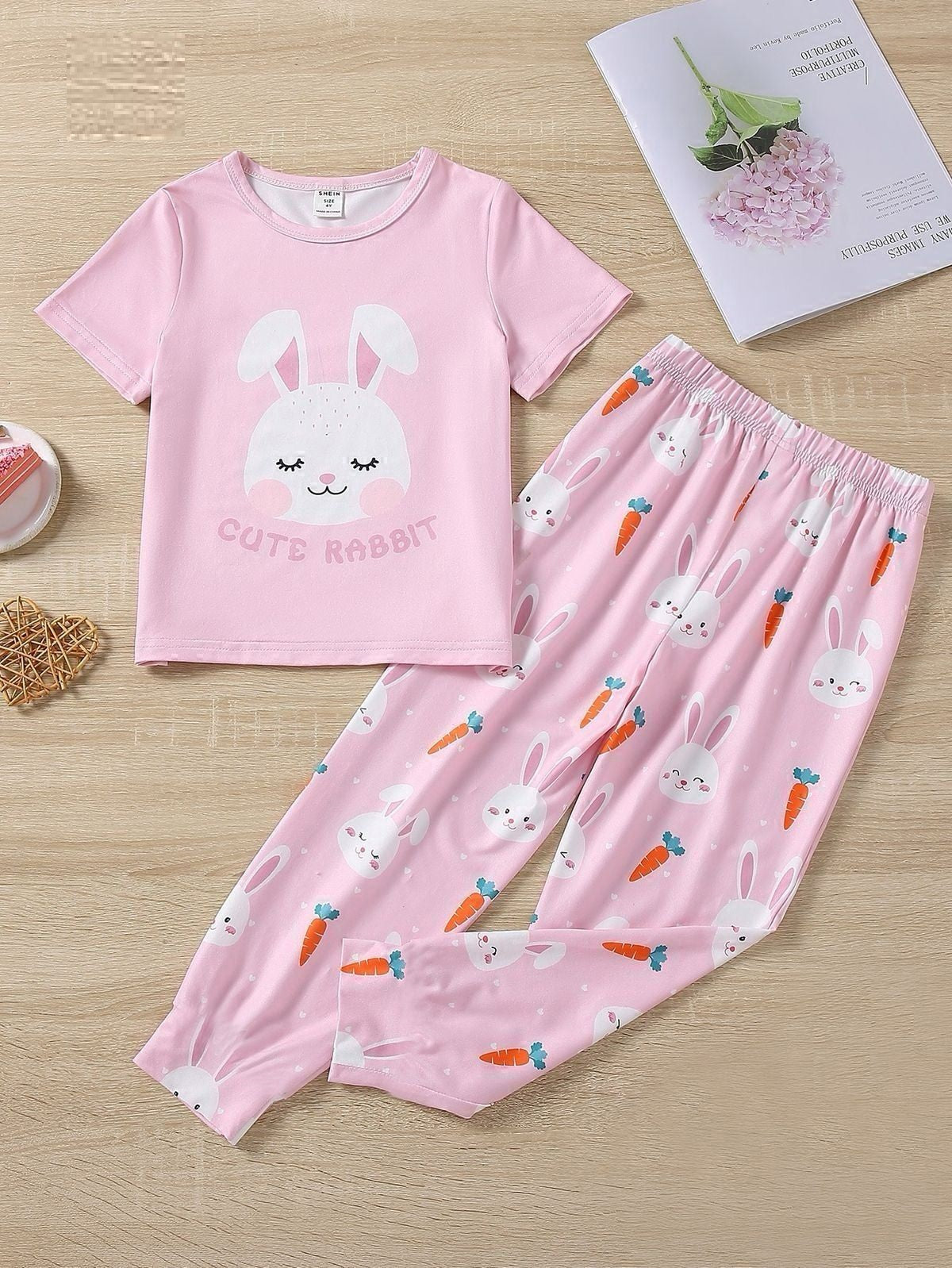 Baby Pink Cute Rabbit Printed Half Sleeves with Rabbit Printed Trouser The Ultimate Kids Sleep Suit (OM-382)