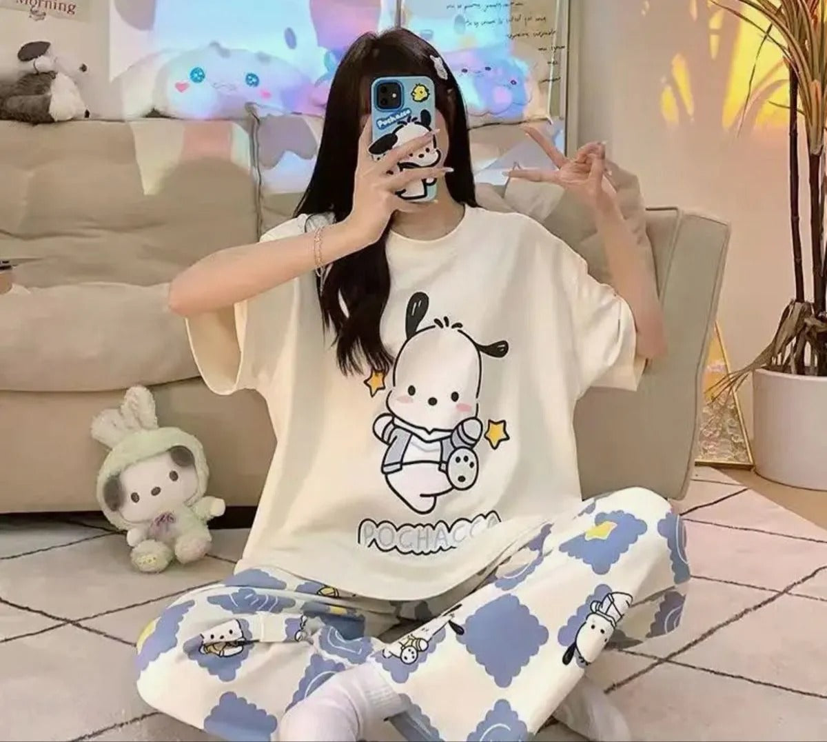 White Pochacco Print Half Sleeves Printed Night Suit Dream Wear Sleep Suit (OM-127)