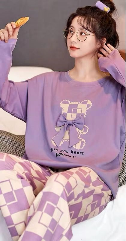 Lilac Give your heart Lovely Full Sleeves with Printed Pajama The Ultimate Dream Wear Sleep Suit (OM-140)