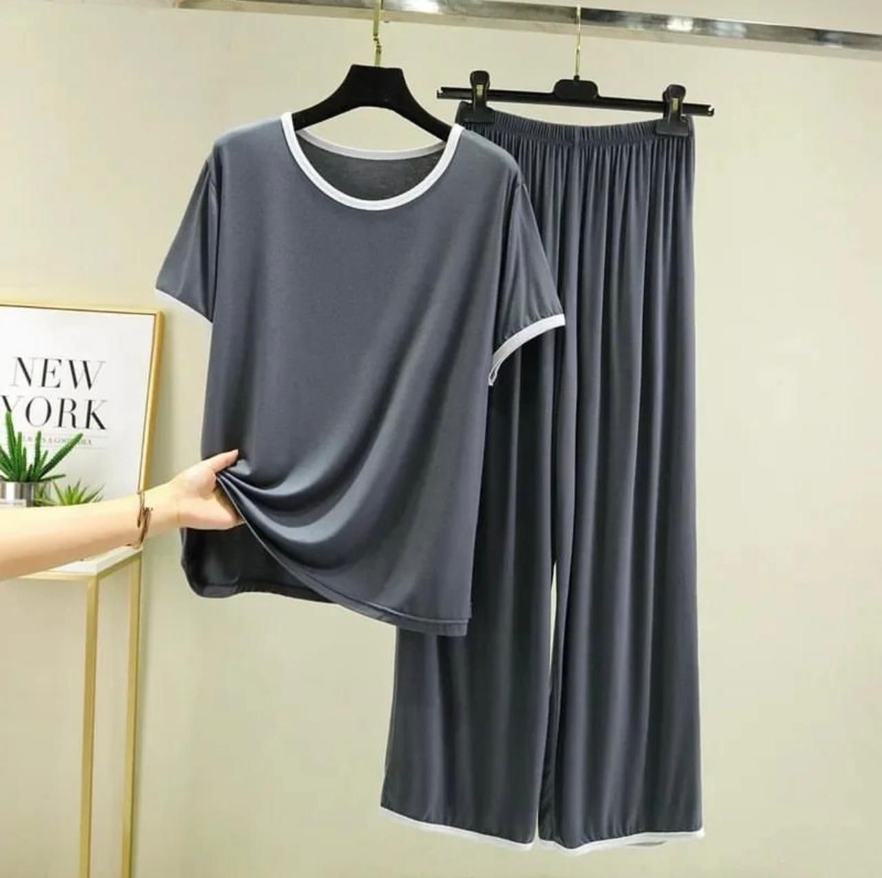 Plain Grey Round Neck Half Sleeves With Flappers Trouser