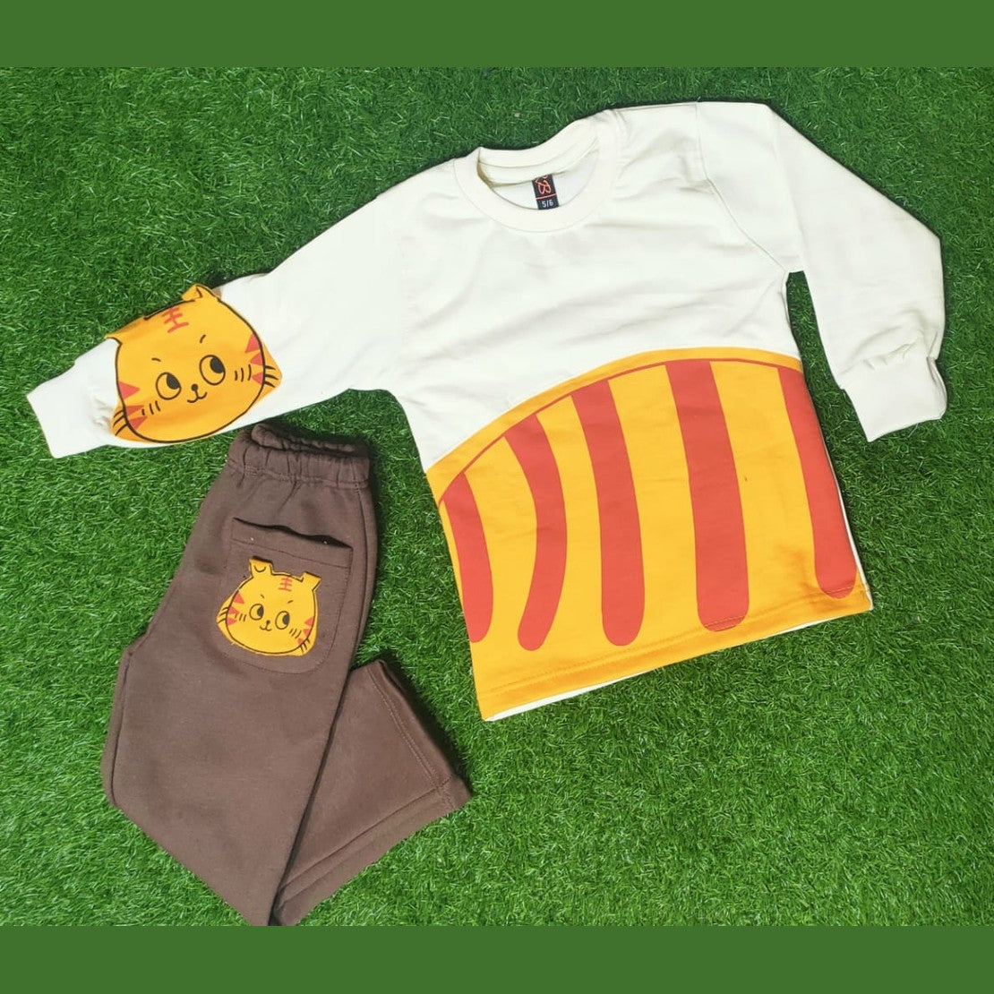 Off White Cat Print Sweatshirt With Trouser Tracksuit For Kids