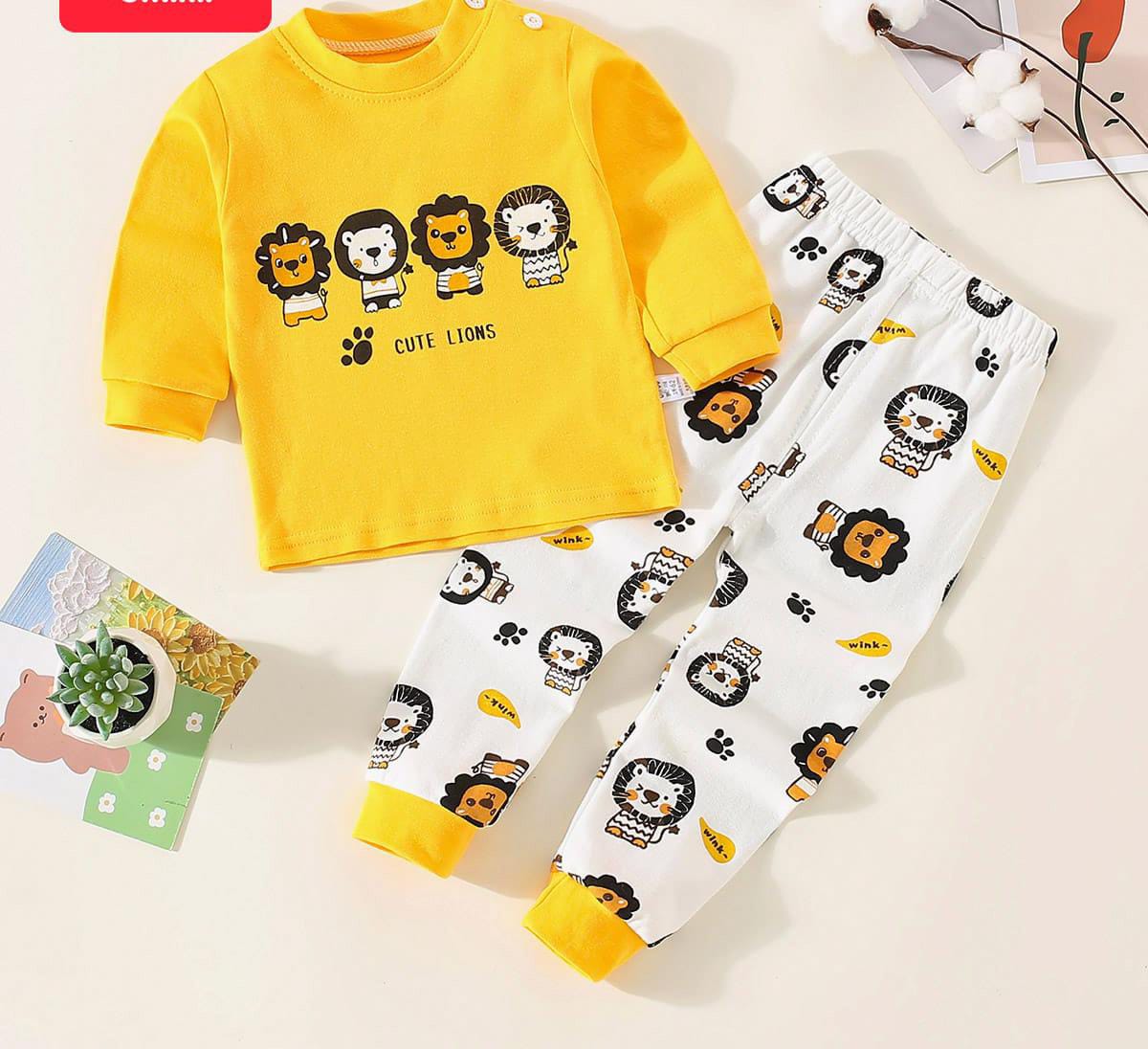 Yellow Cute Lions Printed The Ultimate Kids Sleep Suit (OM-371)