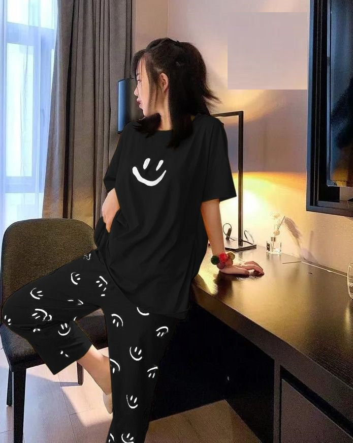 Black Smile Half Sleeves Printed The Ultimate Dream Wear Sleep Suit (OM-82)