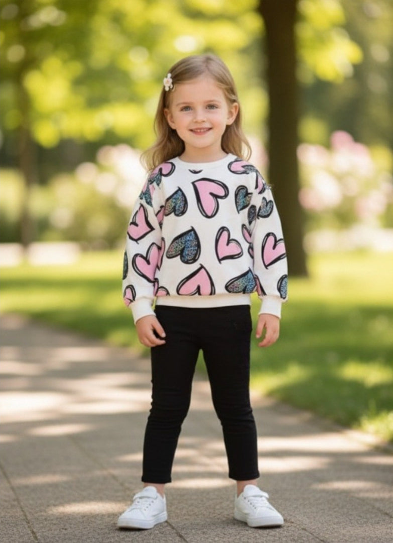 White With Pink And Black Hearts Little Trendsetter Stylish Kids Winter Tracksuit (OM-628)