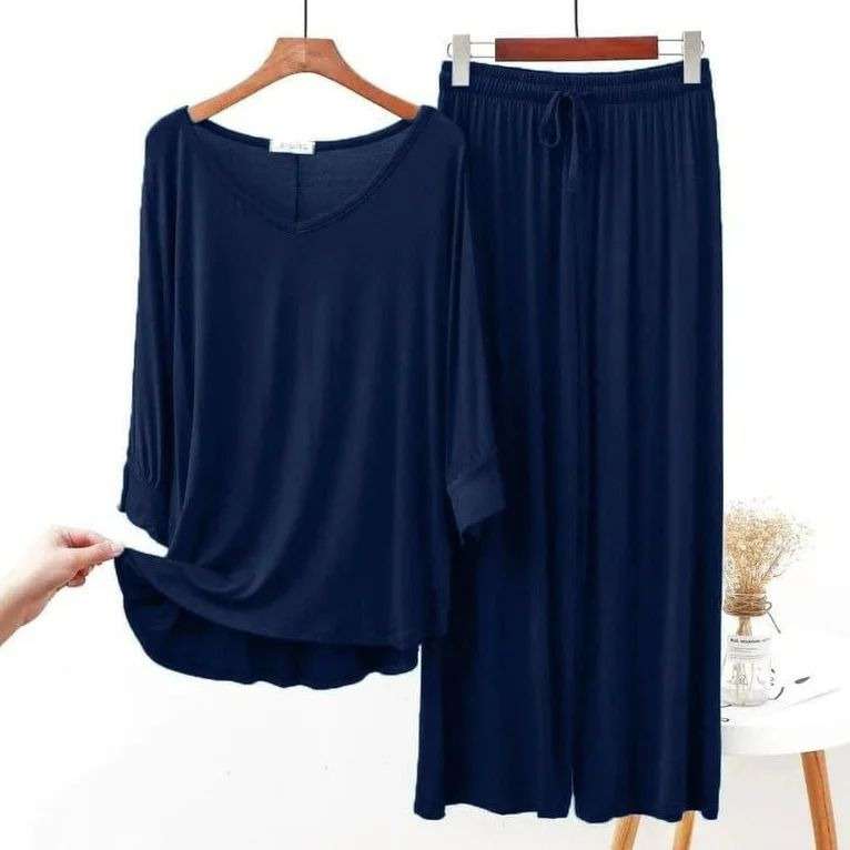 Blue Plain V-Neck The Ultimate Dream Wear Sleep Suit (OM-1108)