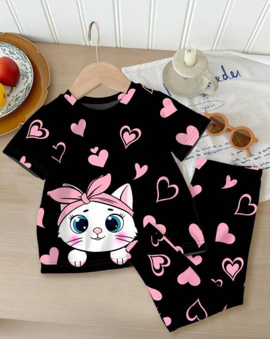 Black Kitty With Pink Hearts  Printed The Ultimate Kids Sleep Suit (OM-367)
