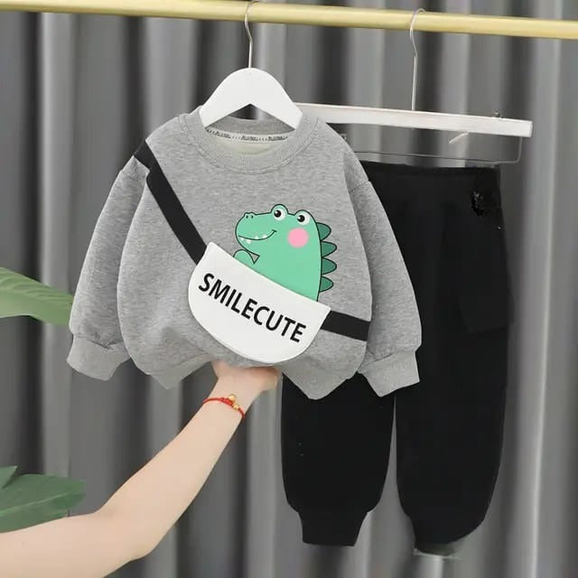 Grey Dragon Winter Pullover with Black Pants Tracksuit For Kids