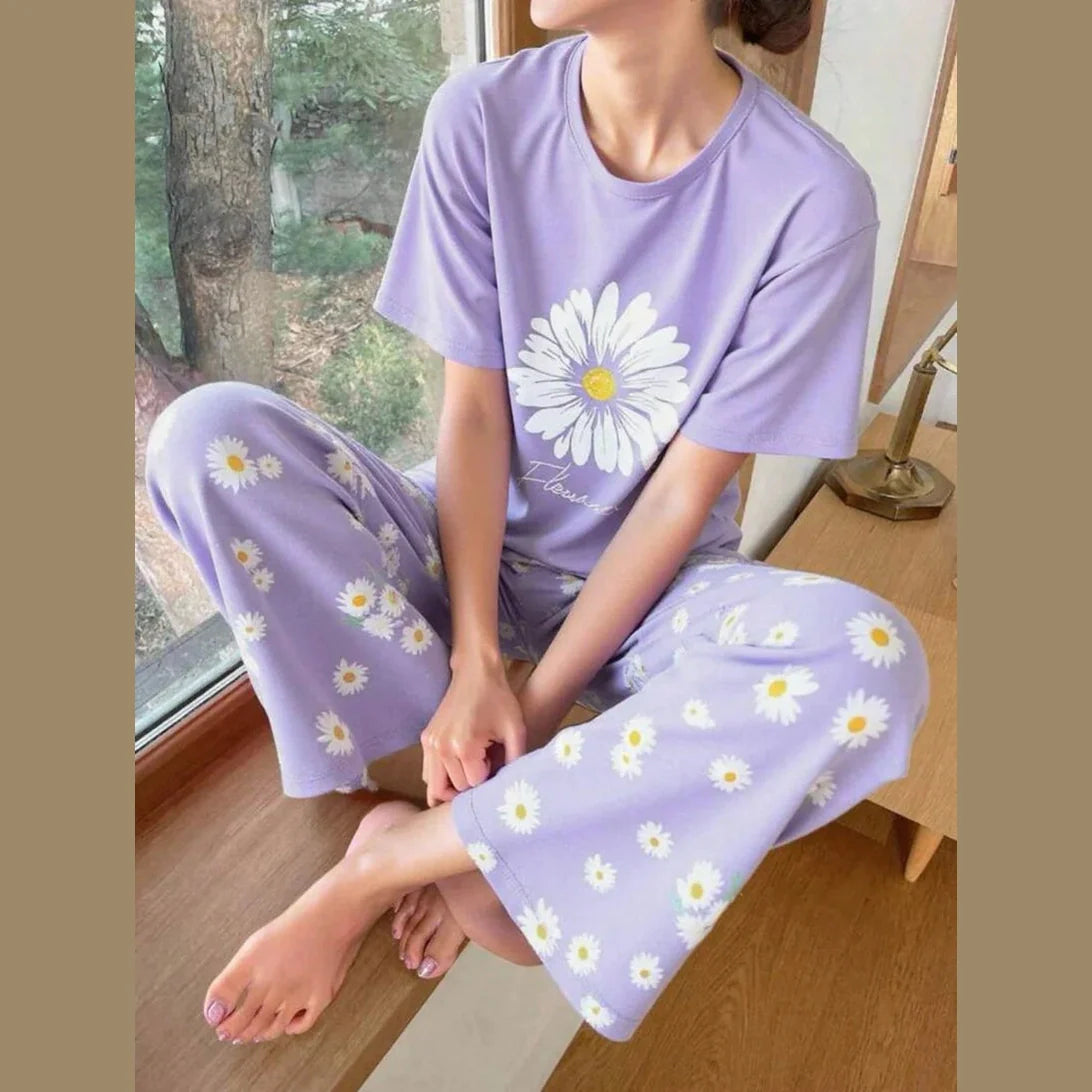 Lilac Sun Flowers Printed Half Sleeves Night Suit The Ultimate Dream Wear Sleep Suit