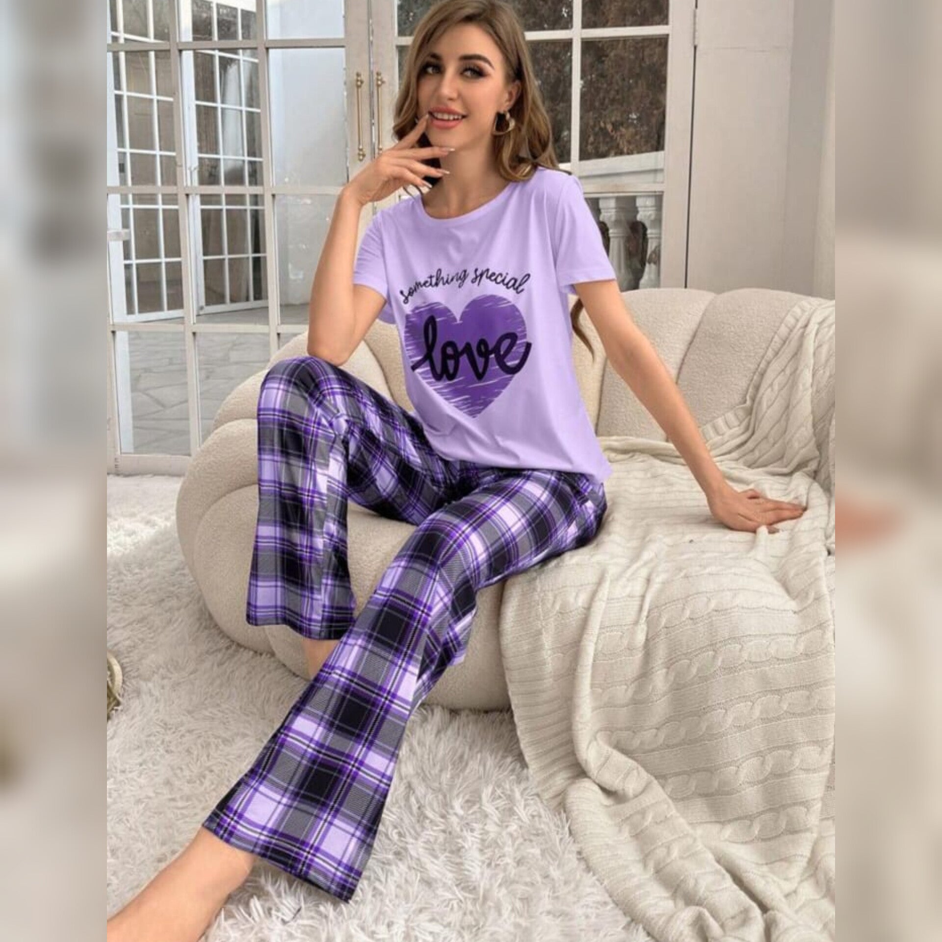 Purple With Love Heart Print Half Sleeves T-shirt With Check Printed Trouser Suit (SP-25)