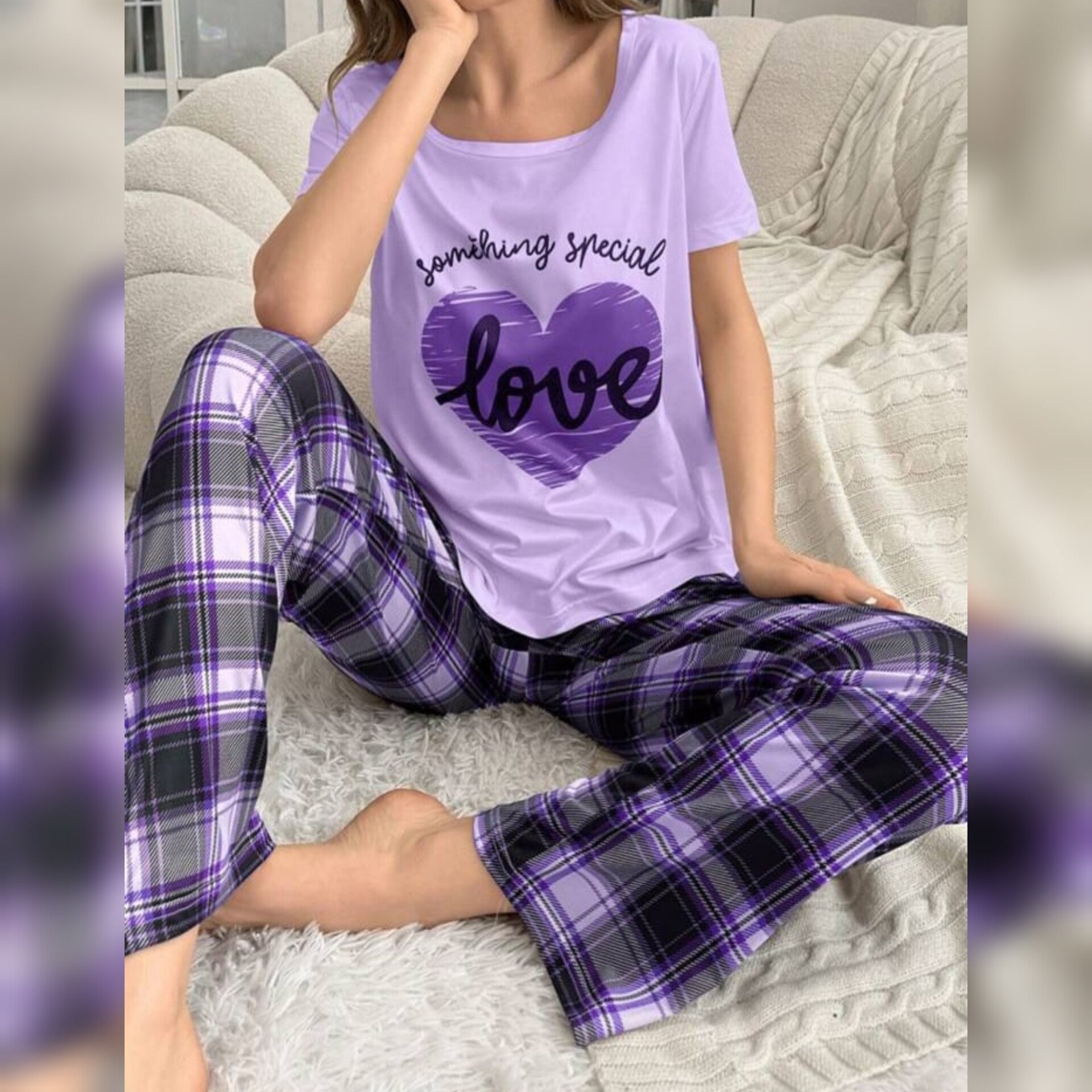 Purple With Love Heart Print Half Sleeves T-shirt With Check Printed Trouser Suit (SP-25)