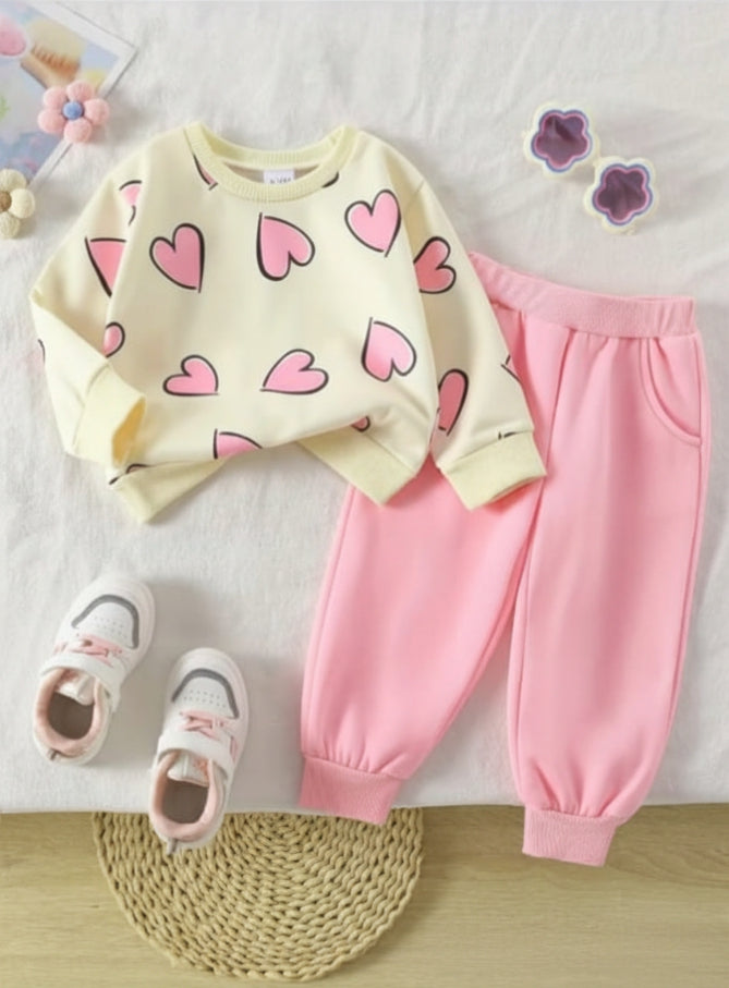 Off White with Pink Hearts Little Trendsetter Stylish Kids Winter Tracksuit (OM-626)